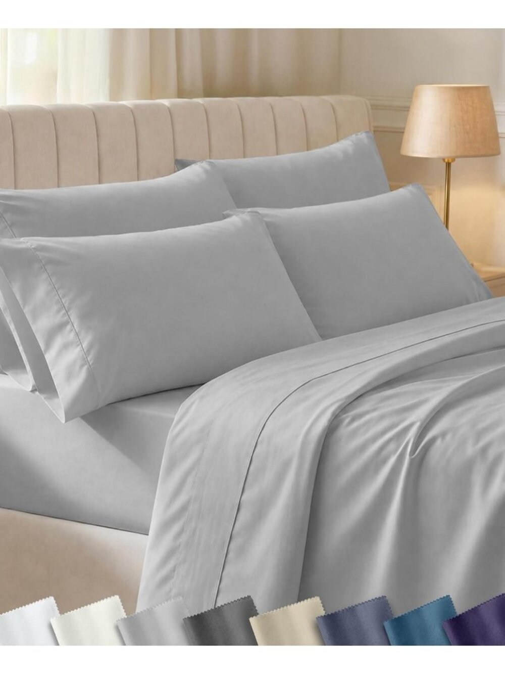 Luxurious 100% Cotton Sateen Queen Sheet Set, 6 Pieces, Soft Light Grey Bedding